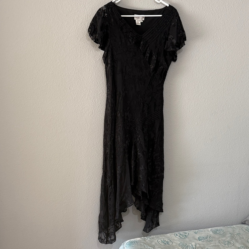 Vintage Adrianna Papell silk burnout Elegant Black Asymmetrical Dress flutter - Picture 2 of 13